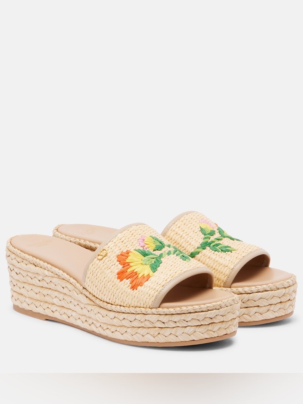 Valentino Garavani Beige Raffia Slide Sandals with Multicolor Floral Embroidery